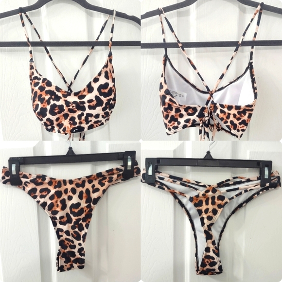 NWT 2 Piece Bikini Set Leopard Print Scoop Neck Criss Cross Thong Bathing Suit M - Picture 16 of 16